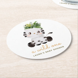 Watercolor Zebra Safari Baby Shower Round Paper Coaster
