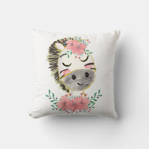 Watercolor Zebra with Florals Throw Pillow