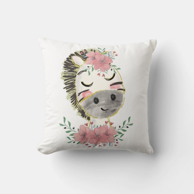 Watercolor Zebra with Florals Throw Pillow (Front)