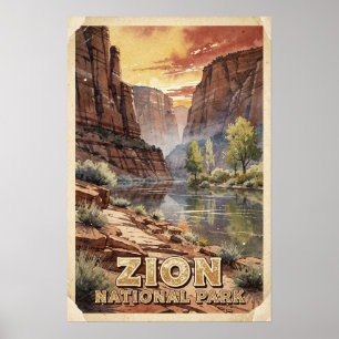 Watercolor Zion National Park Retro Poster