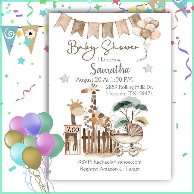 Watercolor Zoo Animals Baby Shower Invitation (Creator Uploaded)