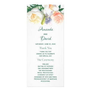 Watercolored florals white wedding program blue rack card
