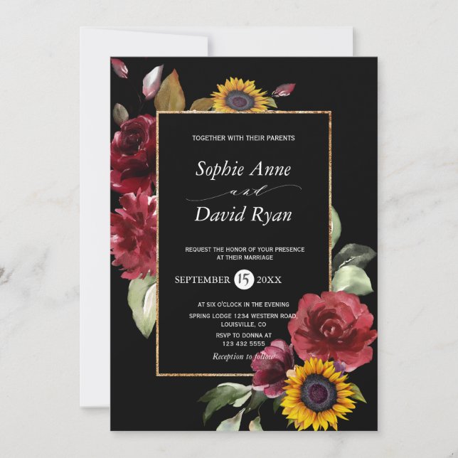 Watercolorl Burgundy Sunflower Fall Gold Wedding Invitation (Front)