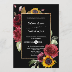 Watercolorl Burgundy Sunflower Fall Gold Wedding Invitation