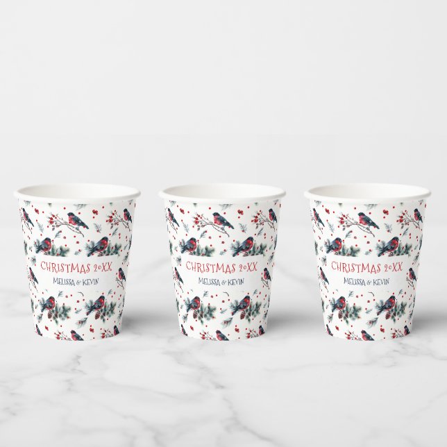 Watercolors Bull-finch & Christmas Berries Pattern Paper Cups (Multi)