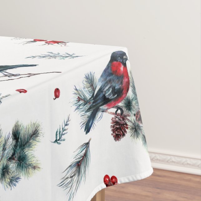 Watercolors Christmas holly and bullfinch pattern Tablecloth (In Situ)
