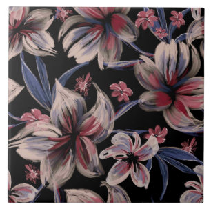 Watercolors Crimson Floral on Black  Ceramic Tile