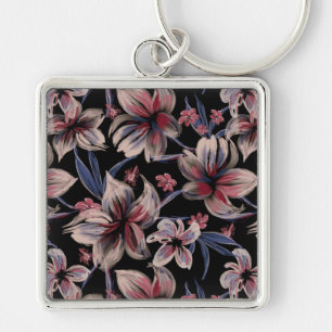 Watercolors Crimson Floral on Black Key Ring