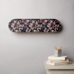Watercolors Crimson Floral on Black Skateboard