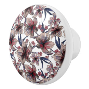 Watercolors Crimson Floral on White Ceramic Knob
