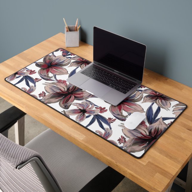 Watercolors Crimson Floral on White Desk Mat (Office 2)