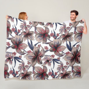 Watercolors Crimson Floral on White Fleece Blanket