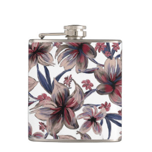 Watercolors Crimson Floral on White Hip Flask