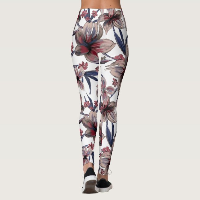 Watercolors Crimson Floral on White Leggings (Back)