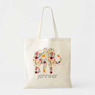 Watercolors flowers elephant illustration tote bag