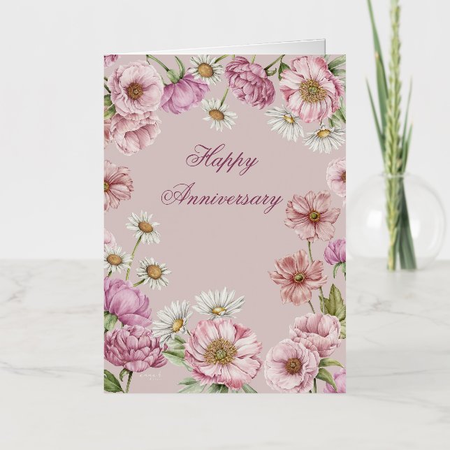 Watercolors Flowers, Peonies, Anemones, Daisies Foil Greeting Card (Front)