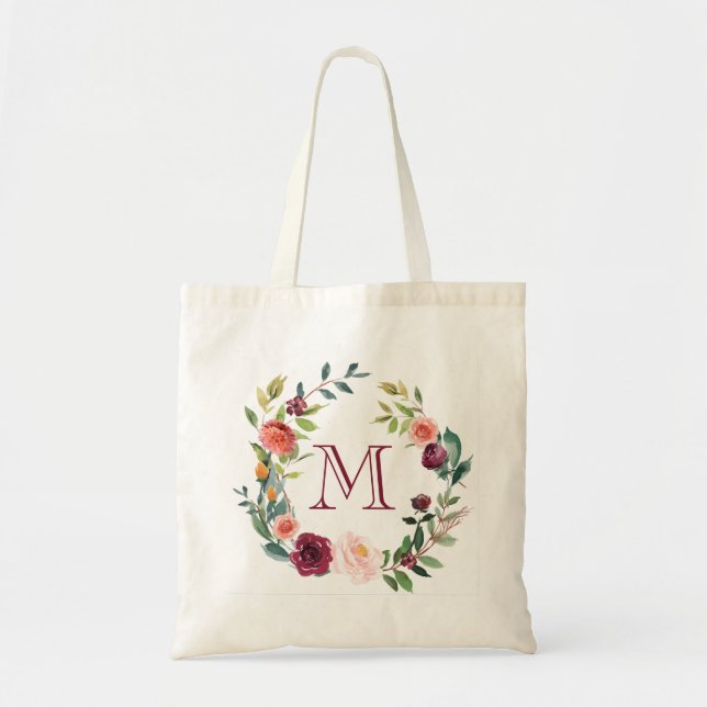 Watercolors flowers wreath monogram tote bag (Front)