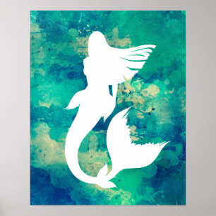 Watercolors Ocean Hues Mermaid Silhouette Poster