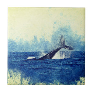watercolors, ocean whale blue ceramic tile