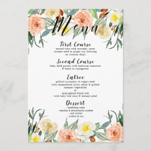 Watercolors Peach & White Garden Flowers Menu