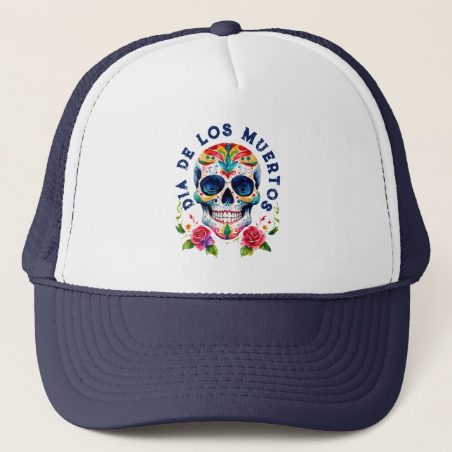 Watercolors Retro Sugar Skull Trucker Hat (Front)