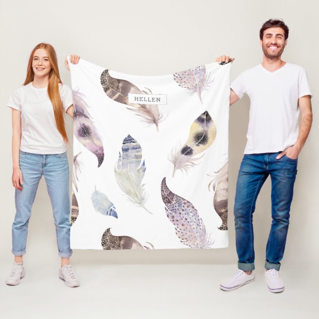 Watercolors tribal feathers pattern fleece blanket (In Situ)