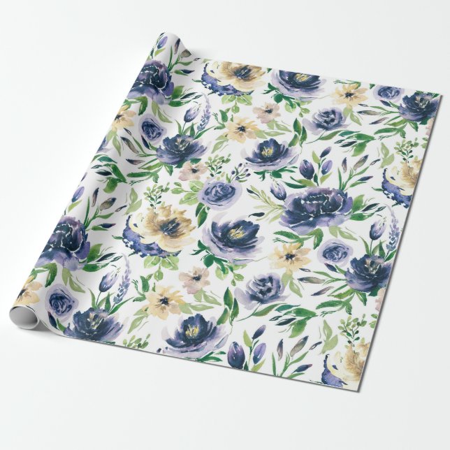 Watercolors violet-blue flowers pattern wrapping paper (Unrolled)