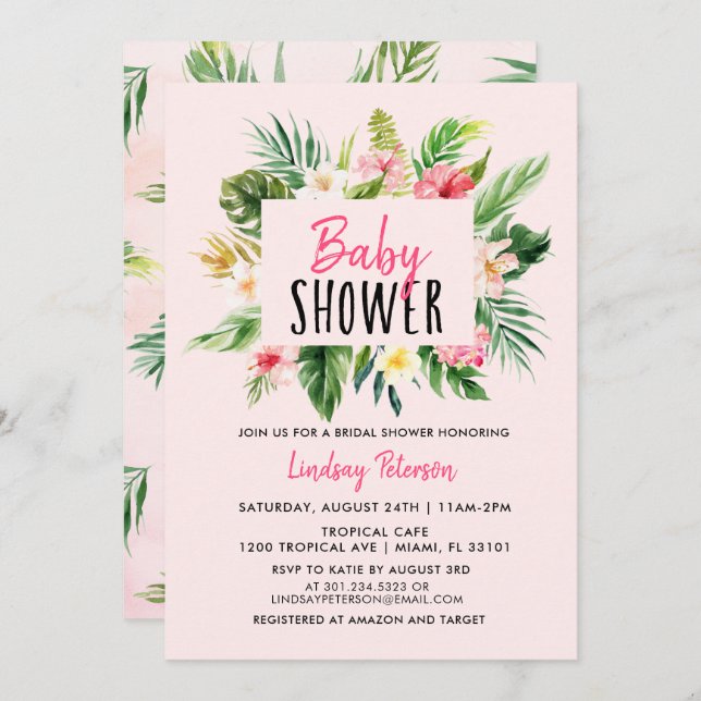 WatercolorTropical Flowers Baby Shower Invitation (Front/Back)