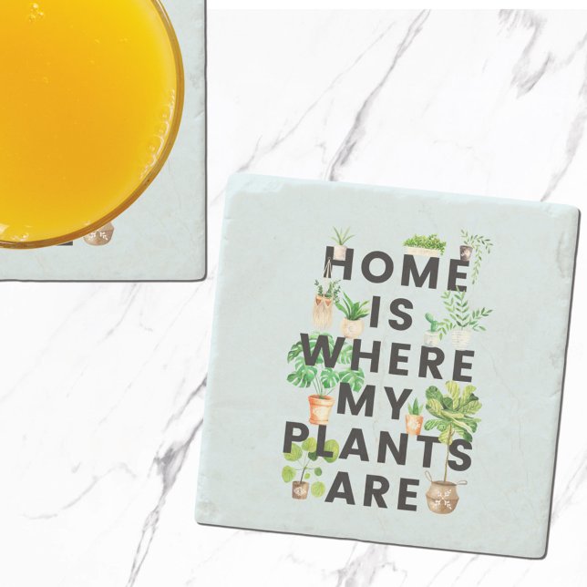 WatercolorTropical Houseplant Gardening Quote Stone Coaster (In situ)