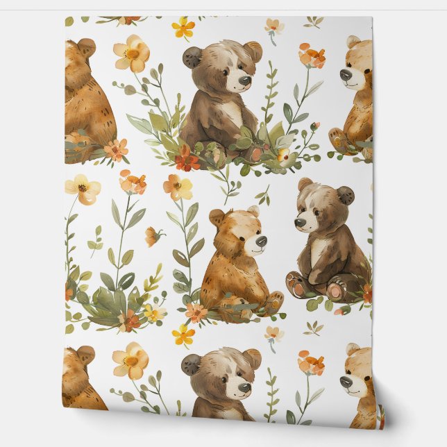 Watercolot bear and flower seamless pattern wallpaper (Unrolling)