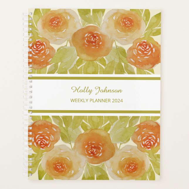 Watercolour Apricot Roses Floral Weekly Planner (Front)