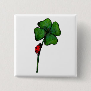 watercolour art ladybird on four leaf clover 15 cm square badge