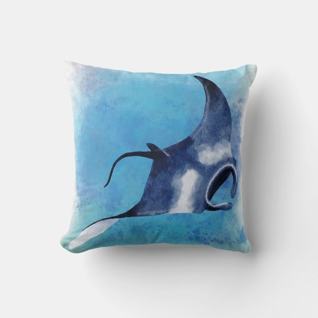 Watercolour artwork of Manta Ray Cushion (Front)