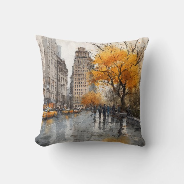 Watercolour Autumn in New York Cushion (Front)