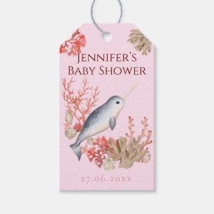 Watercolour baby Narwhal & seashells Baby Birthday Gift Tags