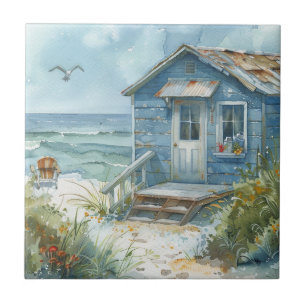 Watercolour Beach Cottage Ceramic Tile