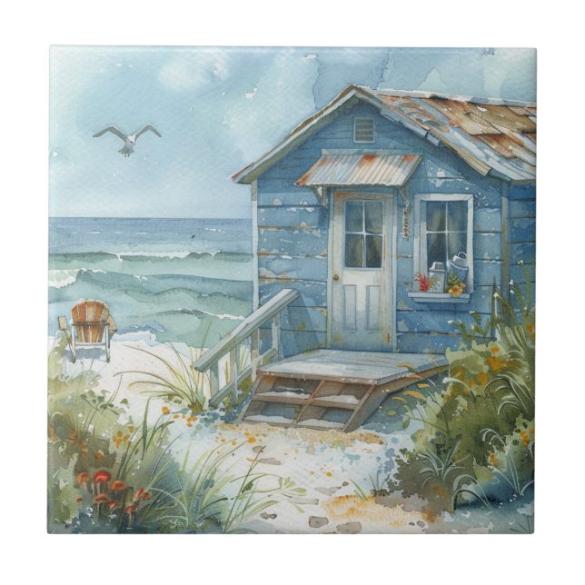 Watercolour Beach Cottage Ceramic Tile (Front)