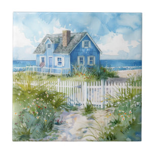 Watercolour Beach Cottage Ceramic Tile
