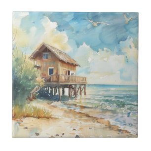 Watercolour Beach Cottage Ceramic Tile