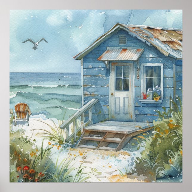 Watercolour Beach Cottage Poster (Front)