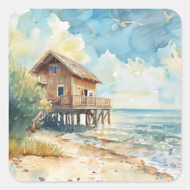 Watercolour Beach Cottage Square Sticker (Front)