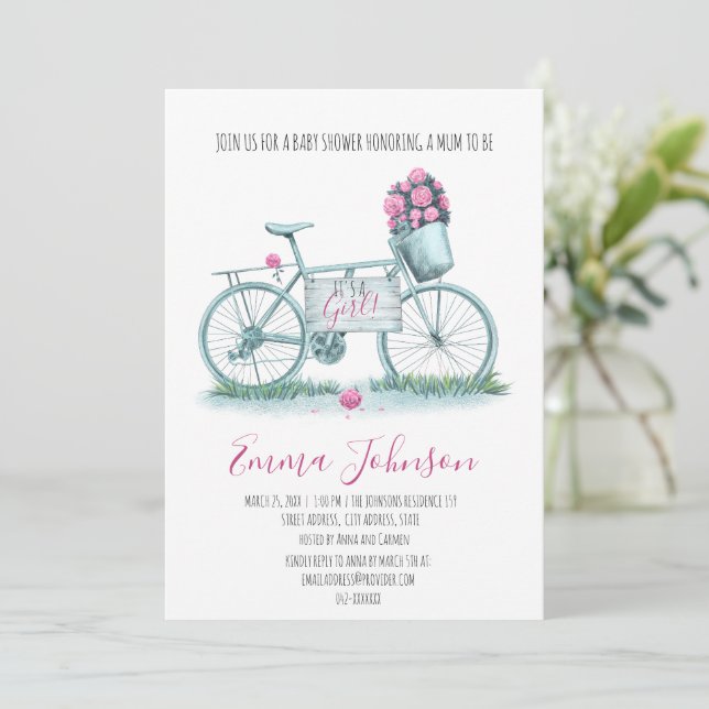 Watercolour Bicycle With Roses Baby Girl  Shower Invitation (Standing Front)