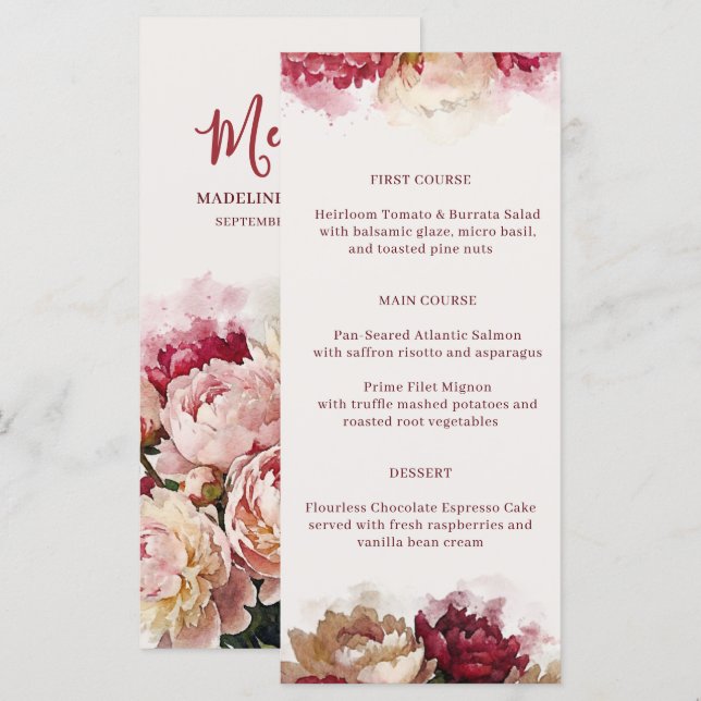 Watercolour Blooms | Romantic Peony Reception Menu (Front/Back)