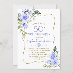Watercolour Blue Floral Gold Frame 50th Birthday Invitation