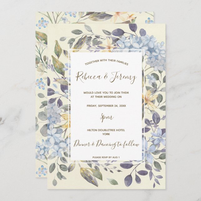 watercolour blue floral hydrangea wedding invite (Front/Back)