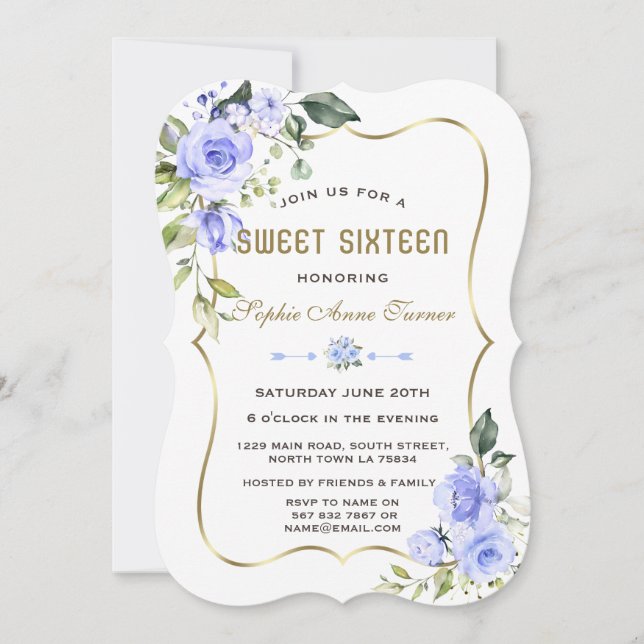 Watercolour Blue Flowers Gold Frame Sweet 16 Invitation (Front)