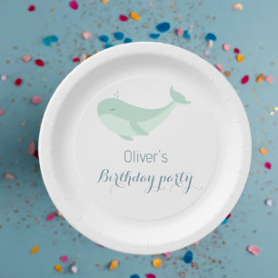 Watercolour Blue Green Whale Birthday Party  Paper Plate