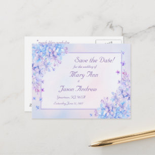 Watercolour Blue Purple Lilac Flower Save the Date Announcement Postcard