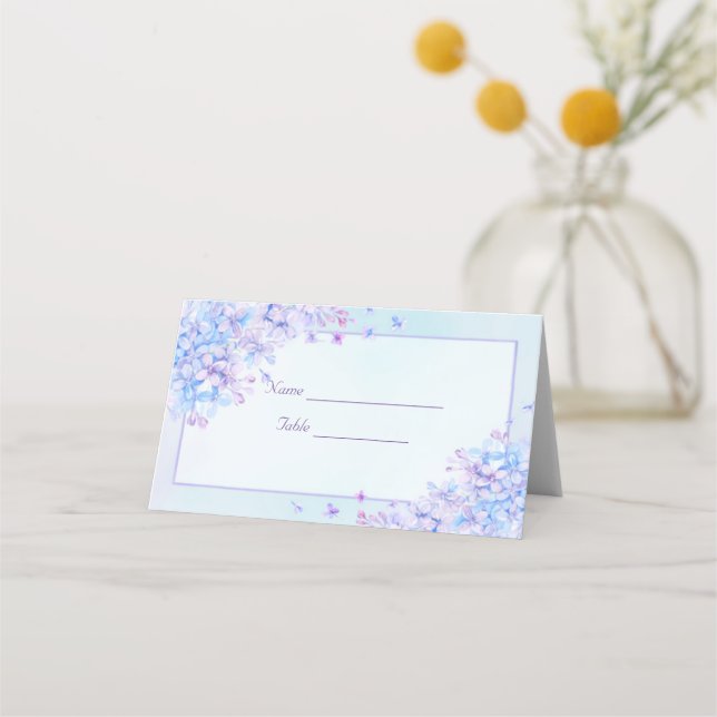 Watercolour Blue Purple Lilac Wedding Place Card (Front)