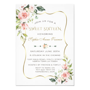 Watercolour Blush Flowers Gold Frame Sweet 16 Invitation